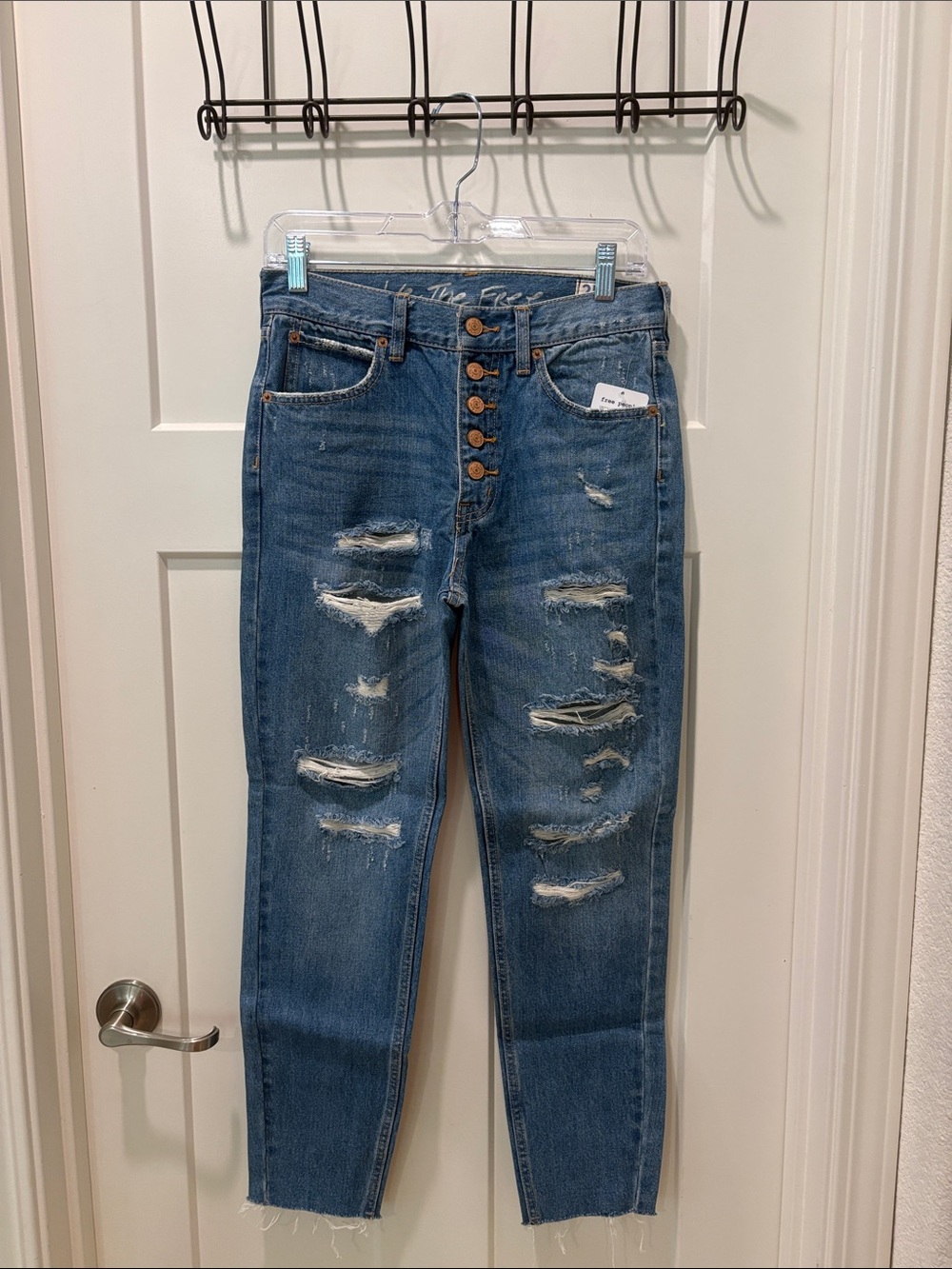 Free People High-Rise Distressed Medium Blue Button-Fly Jeans